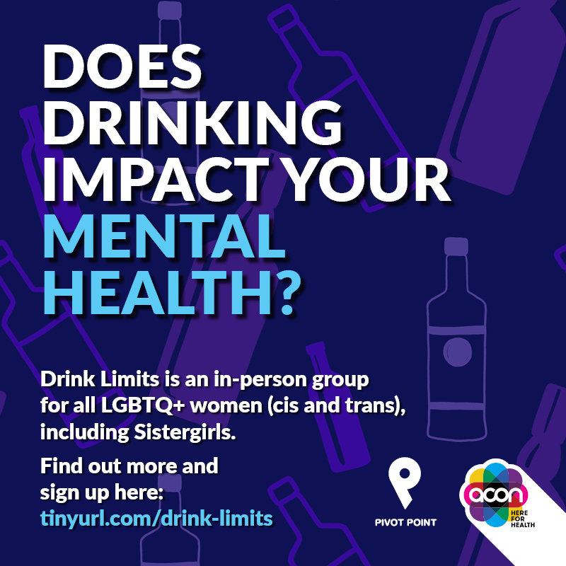 Various bottles of alcohol appear as icons in blue and purple as the background. The words Does your drinking impact your mental health? 